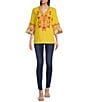 Color:Yellow Multi - Image 3 - Petite Size Embroidered V-Neck 3/4 Sleeve Tunic