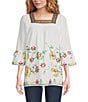 Color:White Multi - Image 1 - Petite Size Floral Borderer Embroidered Square Neck 3/4 Sleeve Tunic