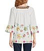 Color:White Multi - Image 2 - Petite Size Floral Borderer Embroidered Square Neck 3/4 Sleeve Tunic