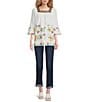Color:White Multi - Image 3 - Petite Size Floral Borderer Embroidered Square Neck 3/4 Sleeve Tunic