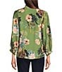 Calessa Petite Size Floral Split V-Neck Bracelet Sleeve Button Front Tunic, Color:Olive Multi - Image 2