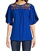 Color:Blue Multi - Image 1 - Petite Size Front Yoke Embroidery Crew Neck Short Sleeve Shirttail Hem Tunic