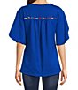 Color:Blue Multi - Image 2 - Petite Size Front Yoke Embroidery Crew Neck Short Sleeve Shirttail Hem Tunic