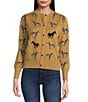 Calessa Petite Size Intarsia Animal Print Crew Neck Long Sleeve Button-Front Cardigan, Color:Sand/Black - Image 2