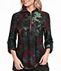 Calessa Petite Size Knit Burnout Zip Funnel Neck 3/4 Roll-Tab Sleeve Tunic - Image 1