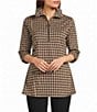 Calessa Petite Size Knit Houndstooth Quarter Zip Mock Neck 3/4 Roll-Tab Sleeve Top - Image 1