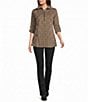 Calessa Petite Size Knit Houndstooth Quarter Zip Mock Neck 3/4 Roll-Tab Sleeve Top - Image 3