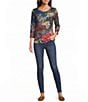 Calessa Petite Size Knit Multicolor Digital Crew Neck 3/4 Sleeve Top - Image 3