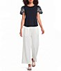 Calessa Petite Size Knit Stretch Crew Neck Embroidered Short Sleeve Top - Image 3
