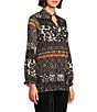 Calessa Mesh Animal Border Print Split V-Neck Long Sleeve Tunic, Color:Black Multi - Image 3