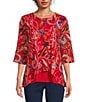 Color:Red Multi - Image 1 - Petite Size Mesh Knit Abstract Mosaic Print Scoop Neck 3/4 Ruffle Sleeve High-Low Hem Double Layer Tunic