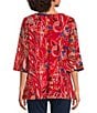 Color:Red Multi - Image 2 - Petite Size Mesh Knit Abstract Mosaic Print Scoop Neck 3/4 Ruffle Sleeve High-Low Hem Double Layer Tunic