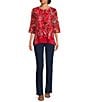 Color:Red Multi - Image 3 - Petite Size Mesh Knit Abstract Mosaic Print Scoop Neck 3/4 Ruffle Sleeve High-Low Hem Double Layer Tunic