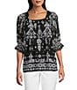 Calessa Petite Size Mesh Knit Abstract Mosaic Square Neck Elbow Puff Sleeve Blouse, Color:Black/Sand - Image 1