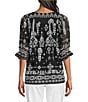 Calessa Petite Size Mesh Knit Abstract Mosaic Square Neck Elbow Puff Sleeve Blouse, Color:Black/Sand - Image 2