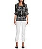 Calessa Petite Size Mesh Knit Abstract Mosaic Square Neck Elbow Puff Sleeve Blouse, Color:Black/Sand - Image 3