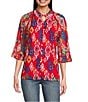 Calessa Petite Size Mesh Knit Printed Round Split Neck 3/4 Sleeve Button-Front Tunic, Color:Red Multi - Image 1