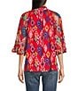Calessa Petite Size Mesh Knit Printed Round Split Neck 3/4 Sleeve Button-Front Tunic, Color:Red Multi - Image 2
