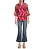 Calessa Petite Size Mesh Knit Printed Round Split Neck 3/4 Sleeve Button-Front Tunic, Color:Red Multi - Image 3