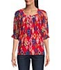 Calessa Petite Size Mesh Knit New Ikat Printed Square Neck Elbow Sleeve Tunic, Color:Red Multi - Image 1