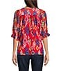 Calessa Petite Size Mesh Knit New Ikat Printed Square Neck Elbow Sleeve Tunic, Color:Red Multi - Image 2