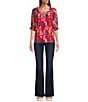 Calessa Petite Size Mesh Knit New Ikat Printed Square Neck Elbow Sleeve Tunic, Color:Red Multi - Image 3