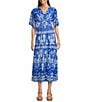 Calessa Petite Size Mesh Knit Printed V-Neck Short Sleeve Maxi Dress, Color:Blue/White - Image 1