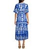 Calessa Petite Size Mesh Knit Printed V-Neck Short Sleeve Maxi Dress, Color:Blue/White - Image 2