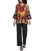 Calessa Petite Size Mixed Floral Print Embroidered Split V-Neck 3/4 Bell Sleeve Tunic - Image 3
