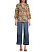 Calessa Petite Size Mosaic Patchwork Print High Split V-Neck 3/4 Sleeve Button Front Shirt, Color:Sand Multi - Image 3