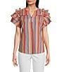 Calessa Petite Size Multi Stripe Split V-Neck Short Ruffle Sleeve Tunic, Color:Red Multi - Image 1