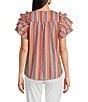Calessa Petite Size Multi Stripe Split V-Neck Short Ruffle Sleeve Tunic, Color:Red Multi - Image 2