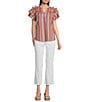 Calessa Petite Size Multi Stripe Split V-Neck Short Ruffle Sleeve Tunic, Color:Red Multi - Image 3