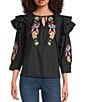Calessa Petite Size Patchwork Embroidered Split V-Neck 3/4 Sleeve Tunic, Color:Black Multi - Image 1