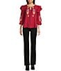 Calessa Petite Size Patchwork Embroidered Split V-Neck 3/4 Sleeve Tunic, Color:Crimson/Multi - Image 3