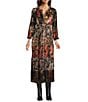 Calessa Petite Size Patchwork Print Split V-Neck Wrist Sleeve Tiered Comfort Maxi Dress, Color:Crimson/Multi - Image 1