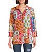 Calessa Petite Size Printed Ruffled Stand Collar Long Sleeve Button Front Tunic, Color:Fuchsia/Multi - Image 1