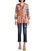 Calessa Petite Size Printed Ruffled Stand Collar Long Sleeve Button Front Tunic, Color:Fuchsia/Multi - Image 5