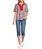 Calessa Petite Size Retro Mosaic Split Round Short Puff Sleeve Tunic - Image 3