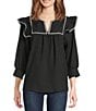 Calessa Petite Size Ruffle Shoulder Contrast Stitching Split V- Neck 3/4 Sleeve Tunic - Image 1