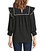Calessa Petite Size Ruffle Shoulder Contrast Stitching Split V- Neck 3/4 Sleeve Tunic - Image 2