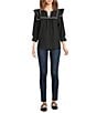 Calessa Petite Size Ruffle Shoulder Contrast Stitching Split V- Neck 3/4 Sleeve Tunic - Image 3