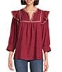 Calessa Petite Size Ruffle Shoulder Contrast Stitching Split V- Neck 3/4 Sleeve Tunic, Color:Crimson - Image 1