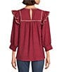 Calessa Petite Size Ruffle Shoulder Contrast Stitching Split V- Neck 3/4 Sleeve Tunic, Color:Crimson - Image 2