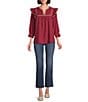 Calessa Petite Size Ruffle Shoulder Contrast Stitching Split V- Neck 3/4 Sleeve Tunic, Color:Crimson - Image 3