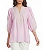 Calessa Petite Size Split V-Neck Embroidered 3/4 Balloon Sleeve Tunic - Image 1