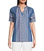Calessa Petite Size Split V-Neck Short Sleeve Embroidered Tunic, Color:Indigo - Image 1
