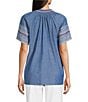 Calessa Petite Size Split V-Neck Short Sleeve Embroidered Tunic, Color:Indigo - Image 2