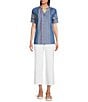 Calessa Petite Size Split V-Neck Short Sleeve Embroidered Tunic, Color:Indigo - Image 3