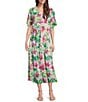 Calessa Petite Size Stretch Mesh Abstract New Floral Print V-Neck Short Sleeve Empire Waist Tiered Dress, Color:Pink Multi - Image 1
